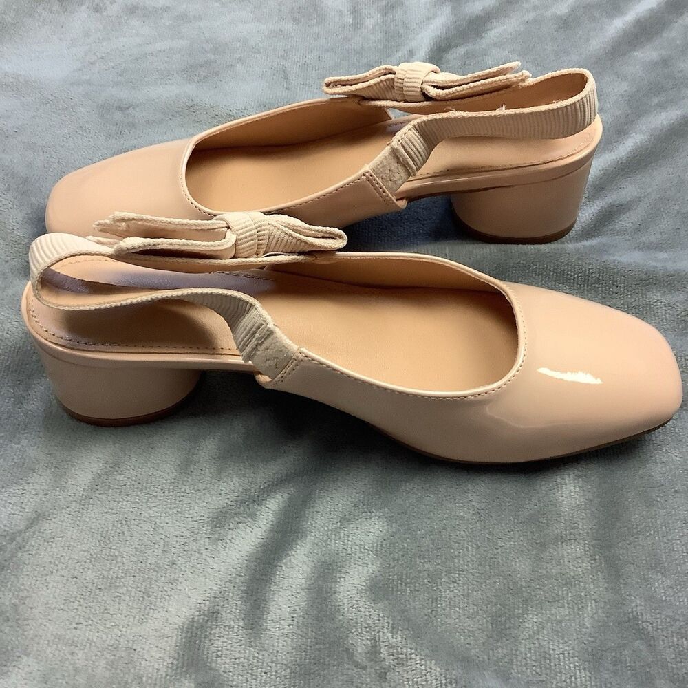 Low Chunky Block Heel Square Toe Slip On Slingback Dress Pump Shoes Women 7 Nude - Picture 10 of 11